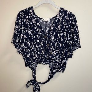 Navy floral wrap shirt